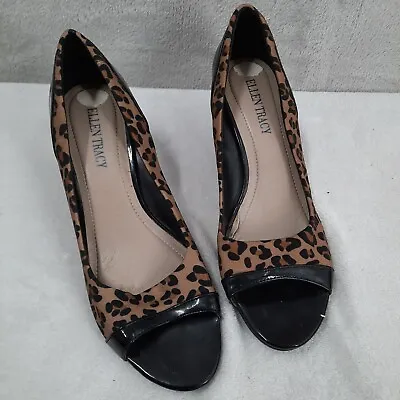 Ellen Tracy Ida Leopard Peek A Boo Toe Wedge Heels Women's Dress Shoes 6 1/2 B • $21.95