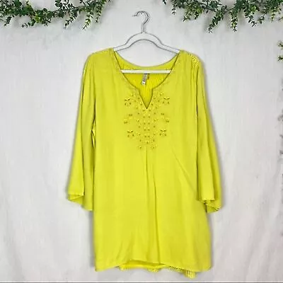 Monoreno Gorgeous Chartreuse Embroidered Flowy Tunic Top Boho Summer Blouse • $14.36