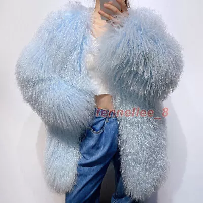 Women 100% Real Mongolian Lamb Fur Coat Real Fur Mid-length Jacket Warm Overcoat • $269.74