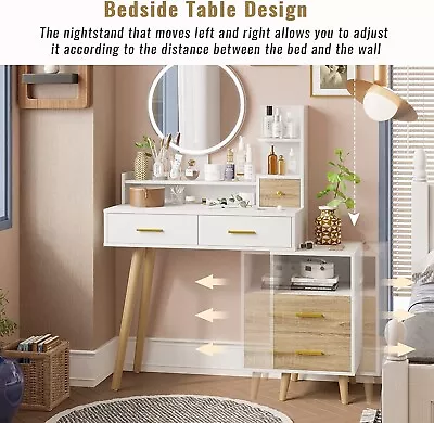 Modern Makeup Vanity  Desk With LED Lights & Nightstand Bedroom Dressing Table • $165.99