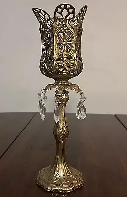 Vintage Mcm Brass Hollywood Regency 16” Candle Holder W/ Crystal Teardrop Prisms • $43.55