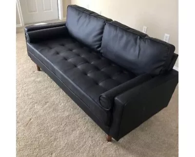 Brand New Black Faux Leather Couch Velvet Sofa Mid Century Modern Vintage Style • $599