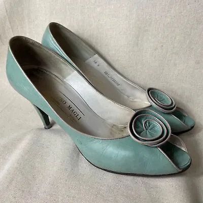 80s Vintage Bruno Magli Light Blue Green And Grey Peep Toe Heels Size 9AA Heel 3 • $45