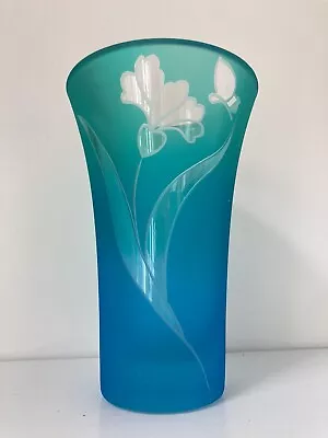 Vintage Lenox Etched Frosted Blue Green Aqua Teal Crystal Vase Stamped • $50