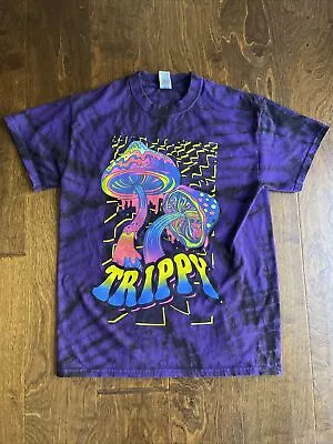 Gildan Purple Tie-dye Neon Mushroom Graphic Trippy T-shirt Size Medium • $12