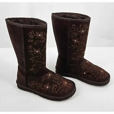 Montana West Brown Embroidered Suede Fur Lined Pull-on Boots Sz 6 • $24.39