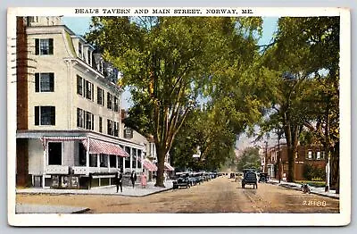Norway Maine~Beal's Tavern & Main Street~Classic Cars & Motorcycle~1937 Postcard • $3.70