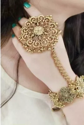 £14.39 • Buy Indian Style Golden Oxidized Bracelet With Long Chain Connected Finger Ring  
