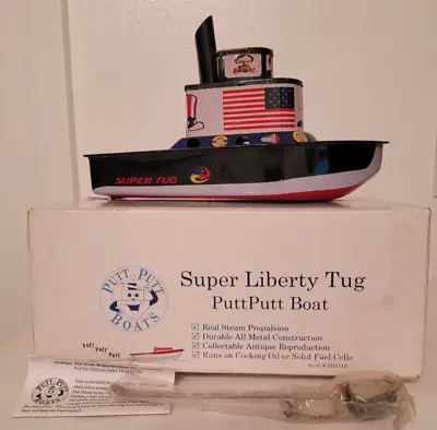 Super Liberty Tug Putt Putt Tin Steam Boat In Box Vintage Blue • $45