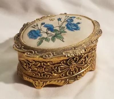 Vintage Music Box  Feelings  Trinket/ Ring Box Gold Tone Metal Fabric Top Floral • $24.95