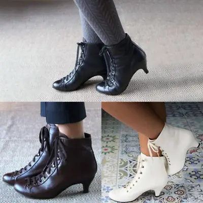 $41.82 • Buy Womens Ladies Victorian Kitten Heel Ankle Boots Costume Lace Up Leather Shoes