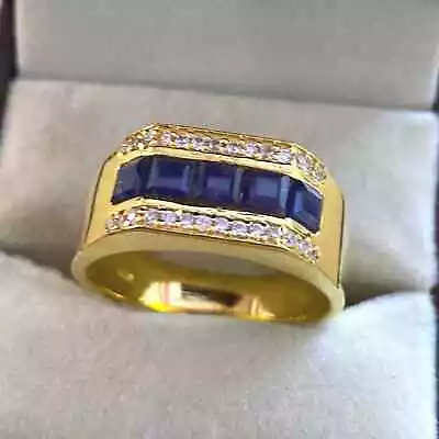Men's 2.28 Ct Natural Blue Sapphire & Diamond Wedding Band Ring 14K Yellow Gold • $1244.99