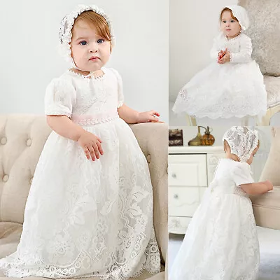 Baptism Infant Baby Girls Dress Hat Outfit Birthday Wedding Princess Dress 2PCS • £26.99