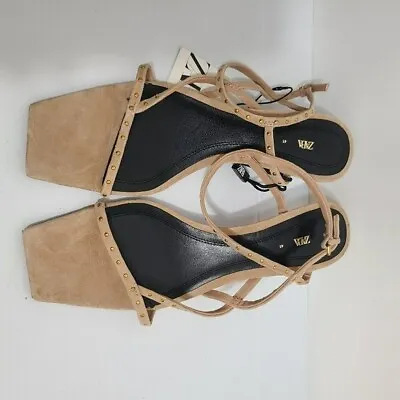 Zara Studded Heeled Suede Sandals Sandy Brown Size 10 | 1334/110/107 • $65