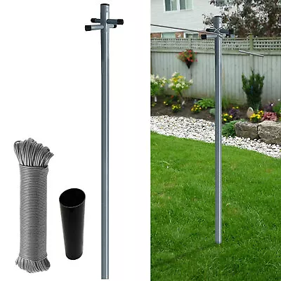 2.4m Galvanized Washing Line Post Pole Heavy Duty Clothes Support With Socket 2X • £27.99