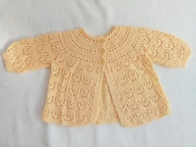 Unusual Apricot Yellow Knitted Baby Matinee Jacket Vintage Lacy Pattern • £1.99
