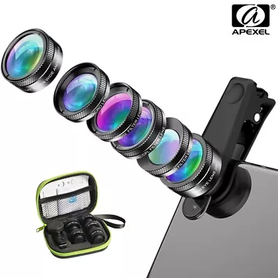 APEXEL 6 In 1 Phone Camera Lens Fisheye Wide Angle Macro Lens For Samsung IPhone • £19.69
