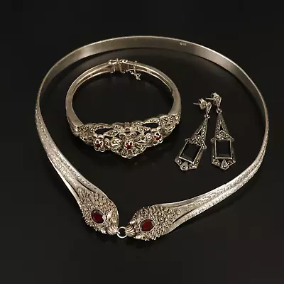 Sterling Silver Garnet Naga Cannetille Dragon Collar Braclet And Earrings Set • $349.99