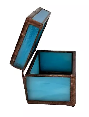 Vintage Blue Stained Glass Mirror Bottom Jewelry/Trinket Box Bohemian Decor Gift • $17.58