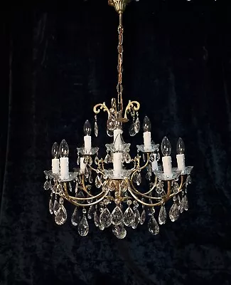 Beautiful Large Vintage Italian 8 Arm 12 Light Crystal Brass Leaf Chandelier • £525