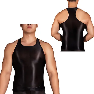 Men Glossy See-through Y-Back Tank Top Sleeveless Bodybuilding Gym Vest Swimwear • £16.19