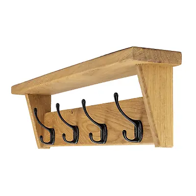 Solid Oak Coat Rack Shelf Handmade Wooden Entryway Vintage Iron Hook Traditional • £132