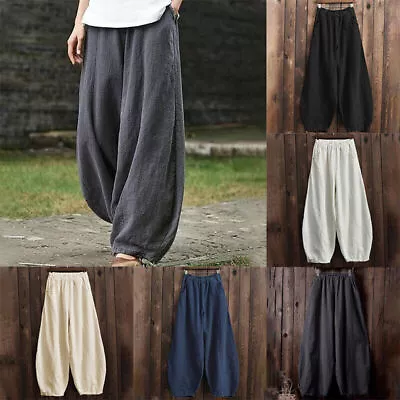 Women Cotton Linen Boho Elastic Waist Long Trousers Loose Harem Pants Plus Size • $24.99