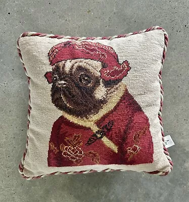 Vintage Loie Petit Point / Needlepoint Pug Dog Pillow Wool Velvet VGUC • $54.99