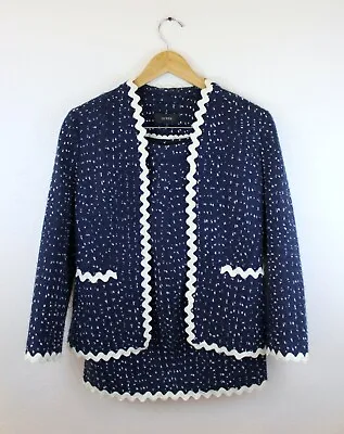 J Crew Going Out Blazer Skirt Suit Tweed Chanel Set Boucle Rick Rack Navy Blue 2 • $175.95