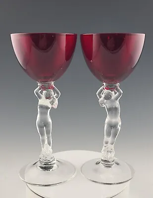 2 Elegant Deep Red Cambridge Art Deco Wine Glasses Statuesque Carmen Nude Stems • $240