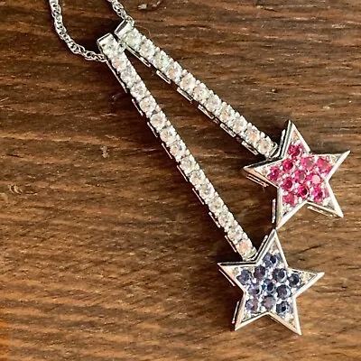 925 Sterling Silver Shooting Star Necklace 2 Stars Pink Blue 18in Chain Thai RJ • $67.95