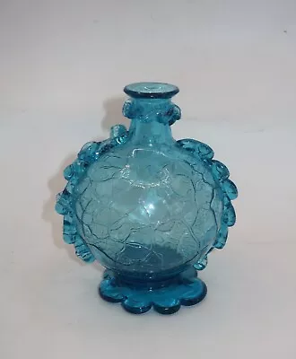 Vintage Blue Crackle Glass Vase / Vessel Hand Blown Applied Ruffle / Rigaree • $22