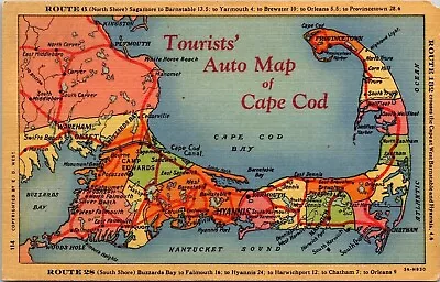 Cape Cod Massachusetts MA Tourists Auto Map Linen Postcard UNP Unused VTG • $3