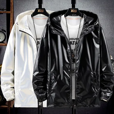 Mens Waterproof Casual Shiny Jackets Hooded Coat Long Sleeve Windproof Tops • $25.55