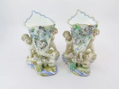 Antique Pair Of Porcelain Vion & Baury Cornucopia & Cherubs Made In France 5.5  • $220.91