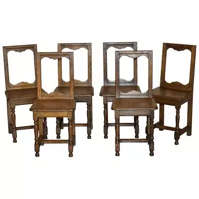 Suite Of Six Antique Victorian English Oak Chapel Dining Chairs Stunning Timber • £1750