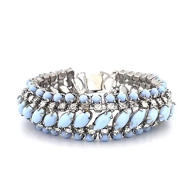 Juliana D&E Blue Milk Glass & Rhinestone SIlver-tone 5-Row Domed Line Bracelet • $125
