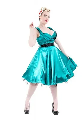 H&R LONDON TEAL SATIN COCKTAIL 50s PINUP RETRO VINTAGE PUNK PROM PARTY DRESS • $49.95