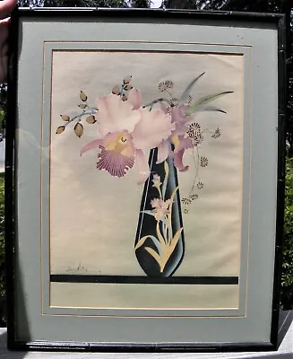 Vintage 1940's Airbrush Painting Of Orchid In Vase~Janching~Hollywood Regency • $75