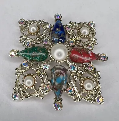 Sarah Coventry Galaxy Maltese Cross Crystals Gemstone Cabuchons 1962 Brooch • $30