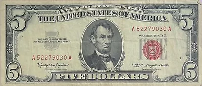 1963 $5 Dollar Bill Red Seal United States Note A52279030A Paper Currency • $19.99