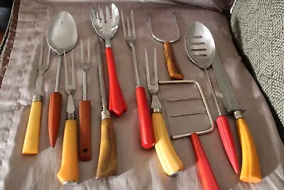 Vintage Kitchen Utensil Lot Bakelite Handles Forks Spoon Knife Sharpener • $48