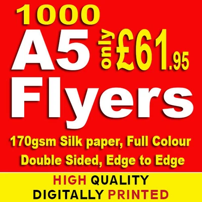 £61.95 • Buy 1000 A5 Flyers Leaflets Printed Full Colour 170gsm Silk Double Sided