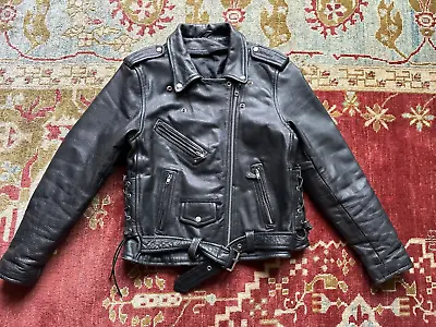 VTG Heavy Leather Men's Black Jacket Biker Cafe Racer Motorcycle Sz. Small • $79.99