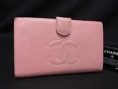 Auth CHANEL Coco Mark CC Caviar Skin Bifold Long Wallet Pink Leather Vintage FS • $215.10