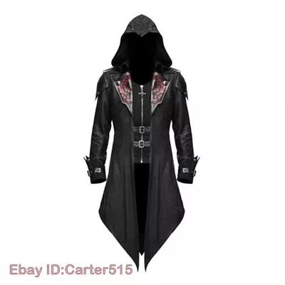 Men’s Vintage Hooded Trench Coat Overcoat Gothic Steampunk Faux Leather Jacket • $49.75