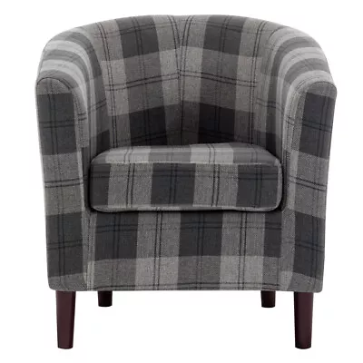 Grey Tartan Tub Chair Upholstered Armchair Accent Sofa Bedroom Living Room Seats • £109.95