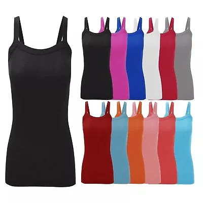 New Ladies Women's Plain Ribbed Stretchy Vest Top Strap Gym Cami Plus Sizes 8-26 • £5.49