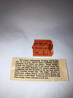 Original 1980's NWA Mid-Atlantic Wrestling Ticket Stub W/ Newspaper Clipping WWE • $29.99