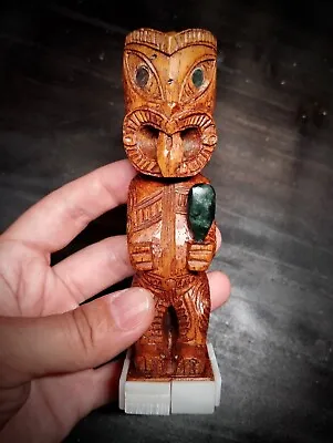 Old Tiki Maori Hand Carved Wooden New Zealand Pounamu Abalone Shell Green Stone • $100